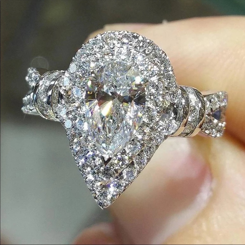 New 925 Silver Romantic Drop Water Diamond Ring - Picture 1 of 2